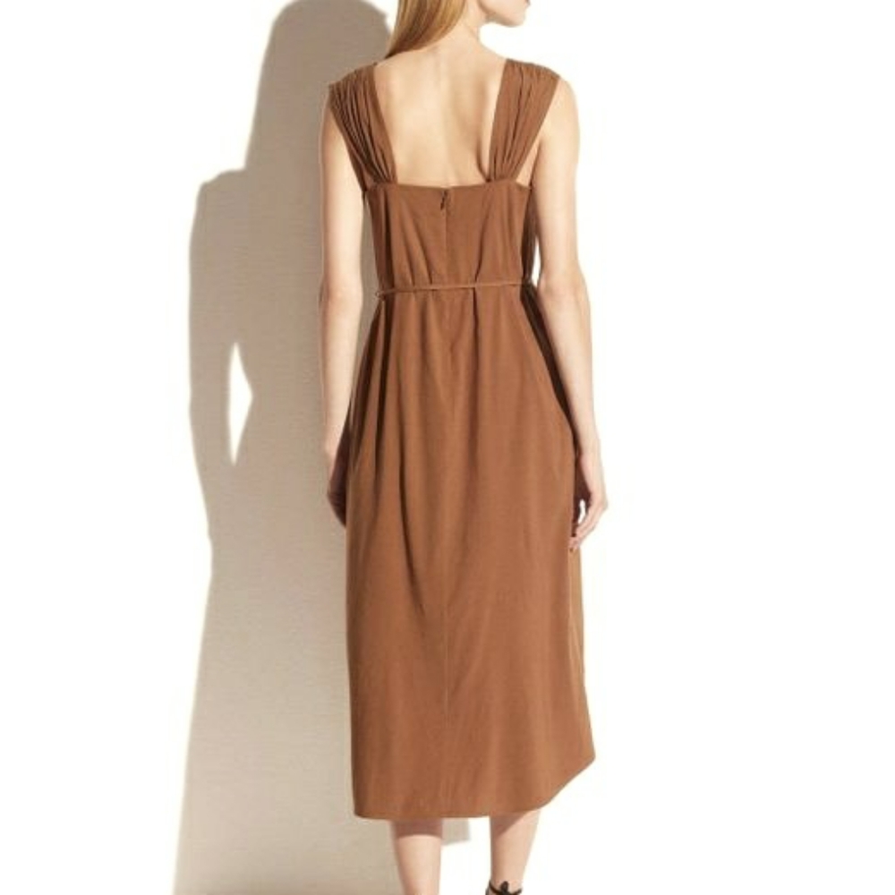 Vince PoetStrap Linen Midi Romantic Pleated Dress Gem